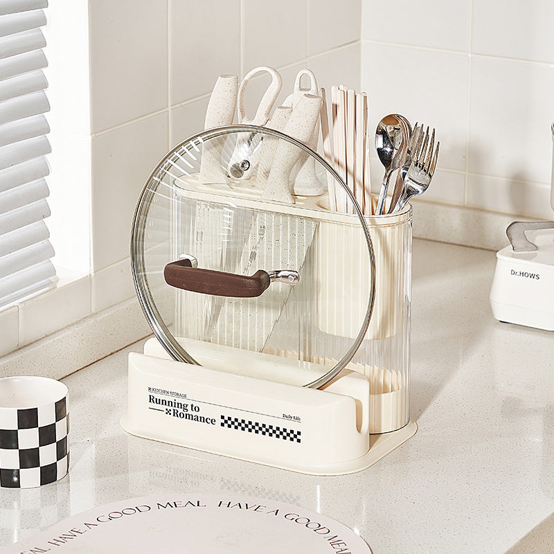 Multifunctional Cream Style Kitchen Storage - Knife Holder, Pot Lid Holder, Integrated Frame, Plastic