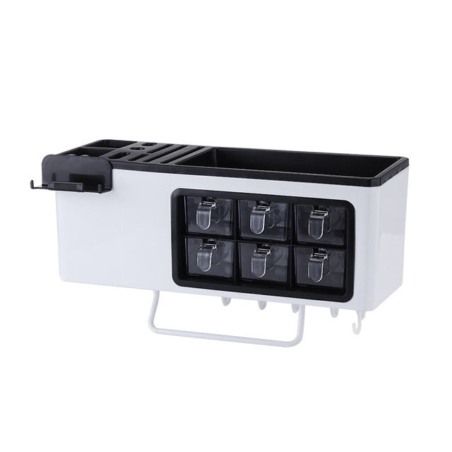 Multifunctional Wall-Mounted Storage Jar - Seasoning Box & Utensil Holder, Partition Design, Plastic