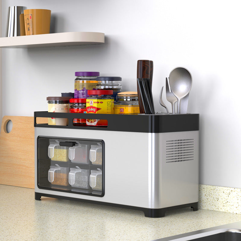 Multifunctional Kitchen Storage Box - Chopsticks & Knife Holder, Seasoning Bottle Organizer, PP+Stainless Steel