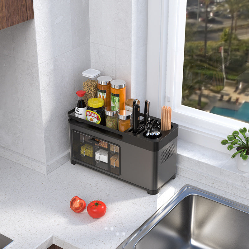 Multifunctional Kitchen Storage Box - Chopsticks & Knife Holder, Seasoning Bottle Organizer, PP+Stainless Steel