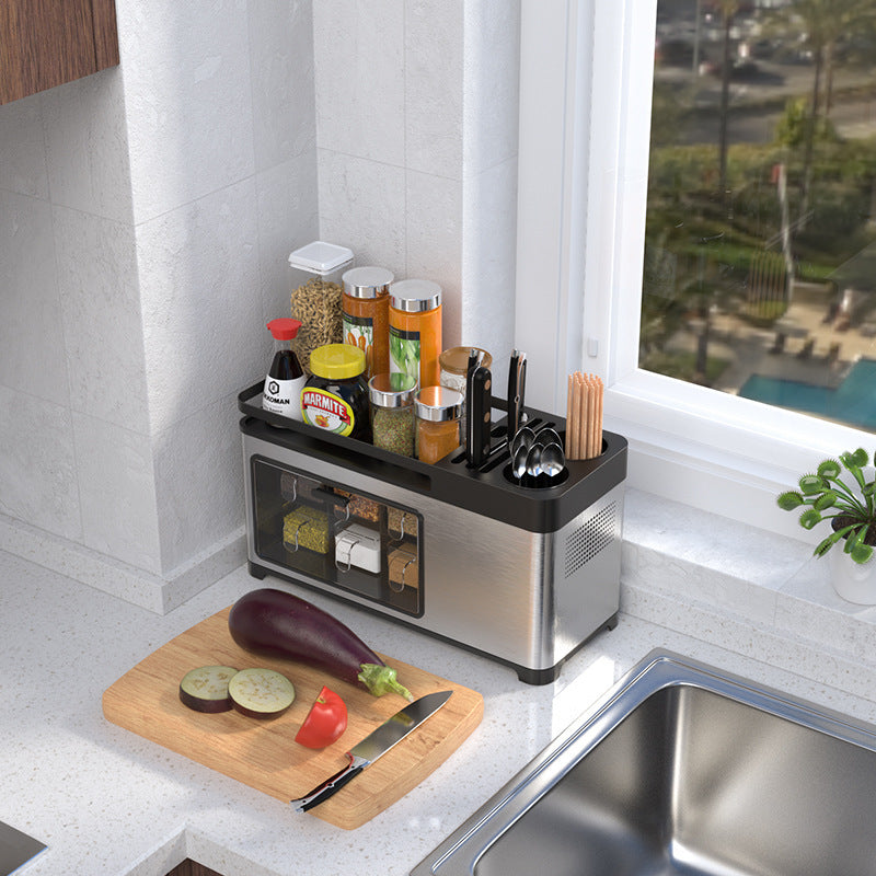 Multifunctional Kitchen Storage Box - Chopsticks & Knife Holder, Seasoning Bottle Organizer, PP+Stainless Steel
