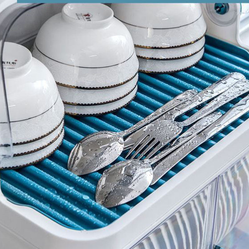 Simple Household Kitchen Dish Storage Box - Large Single-Layer, Blue, Plastic, Drain Function