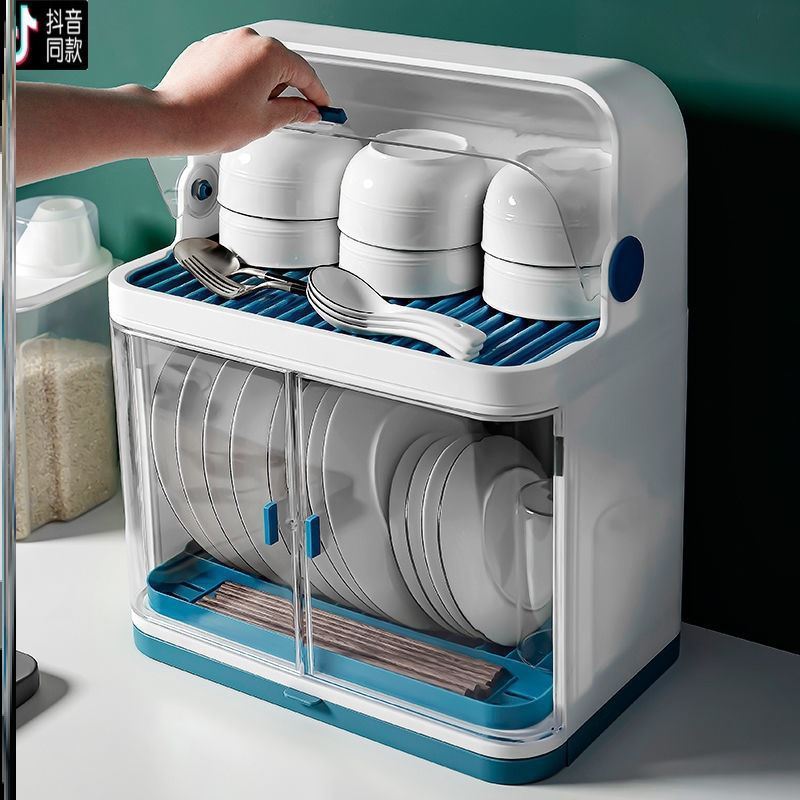 Simple Household Kitchen Dish Storage Box - Large Single-Layer, Blue, Plastic, Drain Function