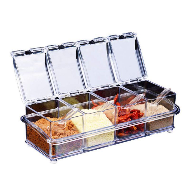 Transparent Acrylic Seasoning Box - 4 Compartments with Spoons, Plastic