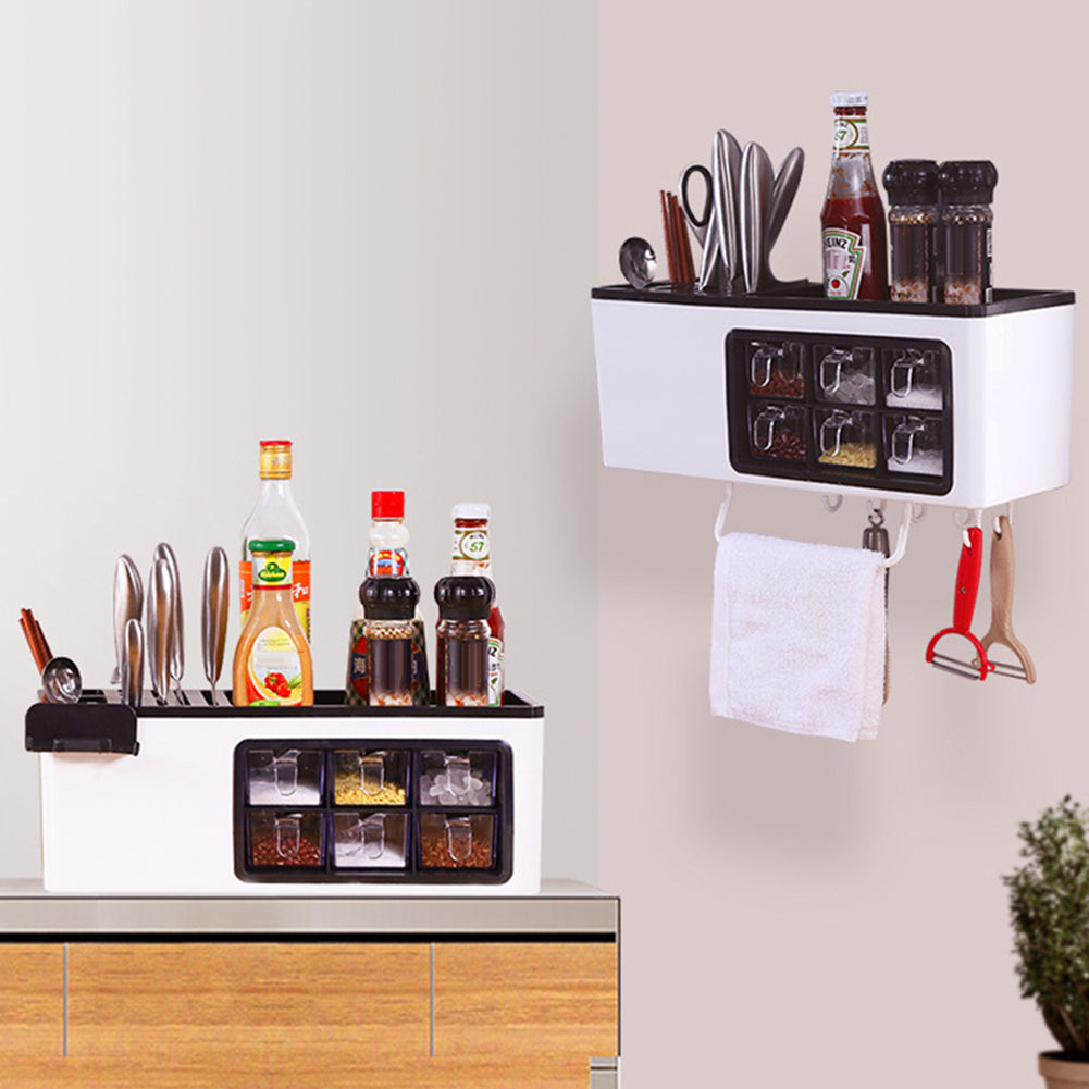 Multifunctional Wall-Mounted Storage Jar - Seasoning Box & Utensil Holder, Partition Design, Plastic
