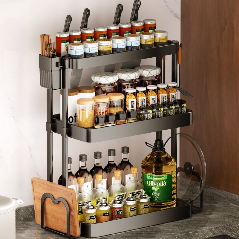 Modern Simplicity Kitchen Rack for Seasoning - Multi-layer Storage, Punch-free, Plastic, Black