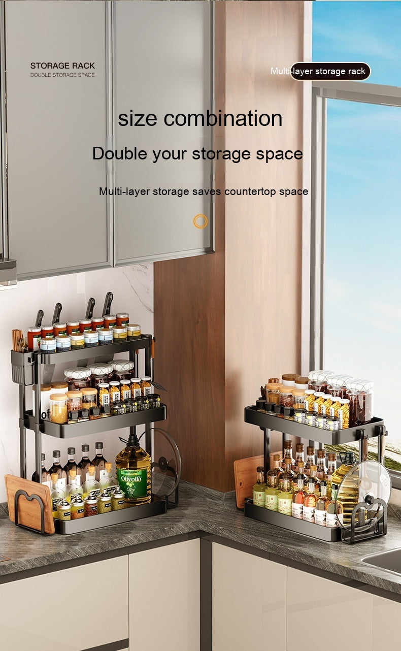 Modern Simplicity Kitchen Rack for Seasoning - Multi-layer Storage, Punch-free, Plastic, Black