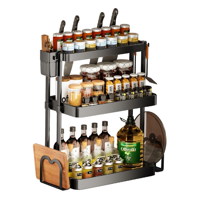 Modern Simplicity Kitchen Rack for Seasoning - Multi-layer Storage, Punch-free, Plastic, Black