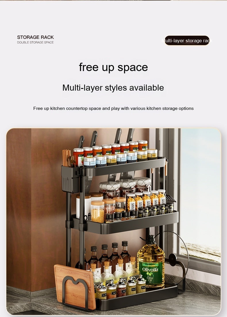 Modern Simplicity Kitchen Rack for Seasoning - Multi-layer Storage, Punch-free, Plastic, Black