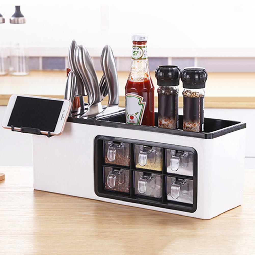 Multifunctional Wall-Mounted Storage Jar - Seasoning Box & Utensil Holder, Partition Design, Plastic