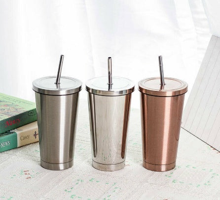 500ML Stainless Steel Tumbler Coffee Cup with Straw Lid - Reusable, Durable, Elegant Design