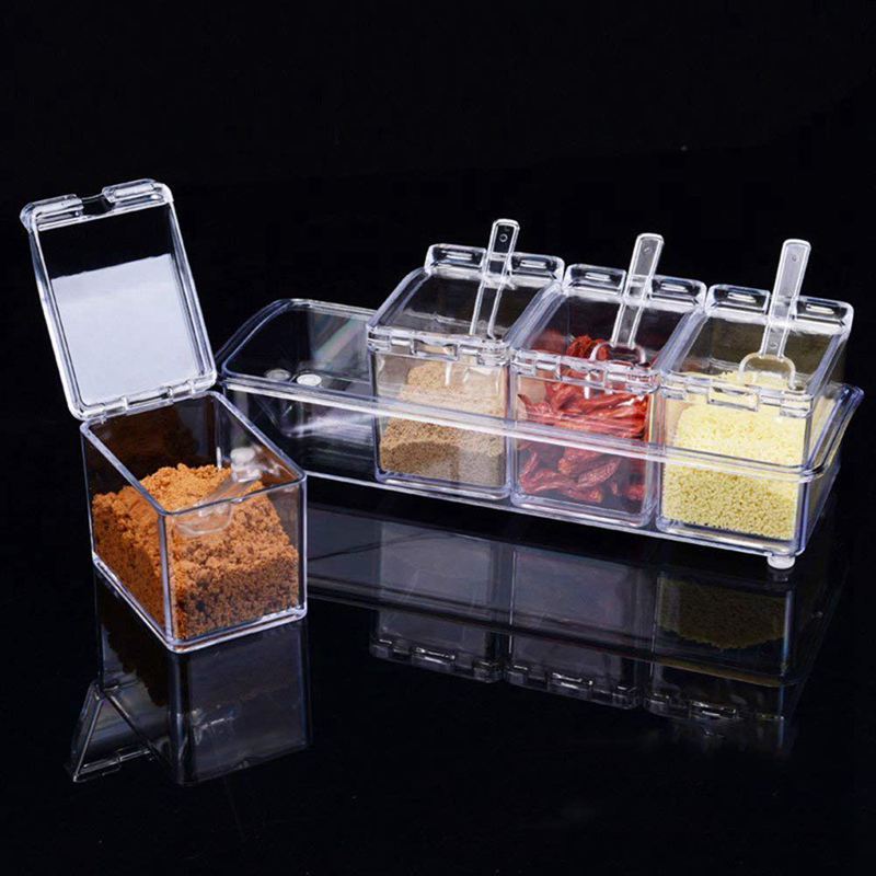 Transparent Acrylic Seasoning Box - 4 Compartments with Spoons, Plastic