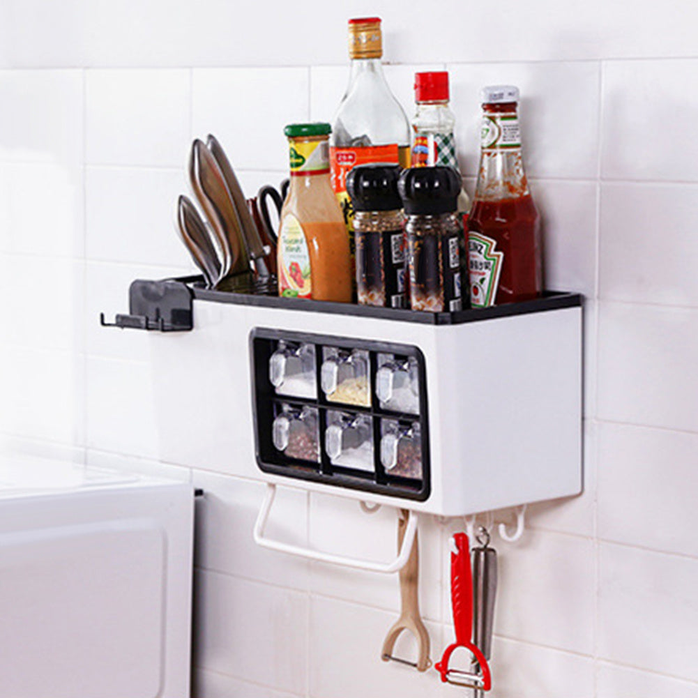Multifunctional Wall-Mounted Storage Jar - Seasoning Box & Utensil Holder, Partition Design, Plastic