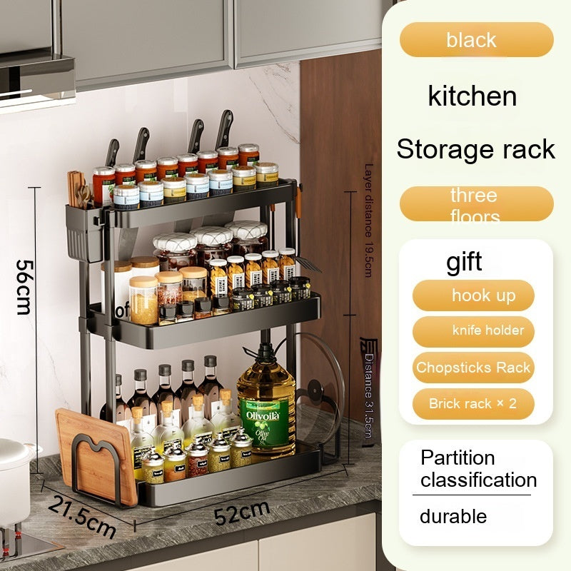 Modern Simplicity Kitchen Rack for Seasoning - Multi-layer Storage, Punch-free, Plastic, Black