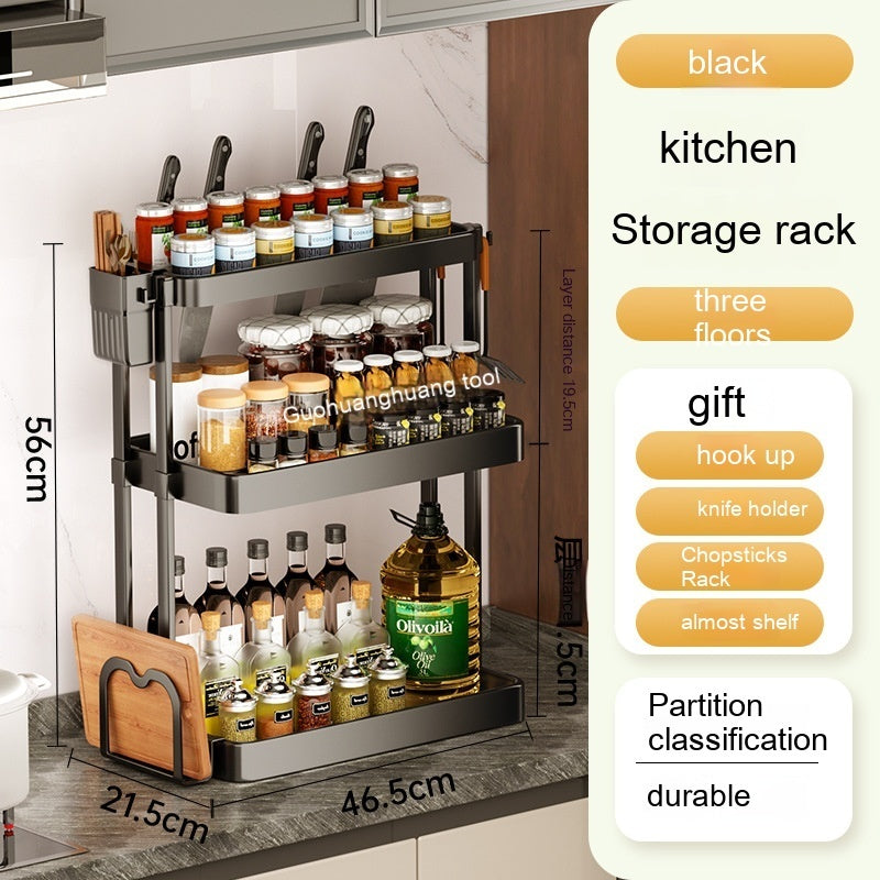 Modern Simplicity Kitchen Rack for Seasoning - Multi-layer Storage, Punch-free, Plastic, Black