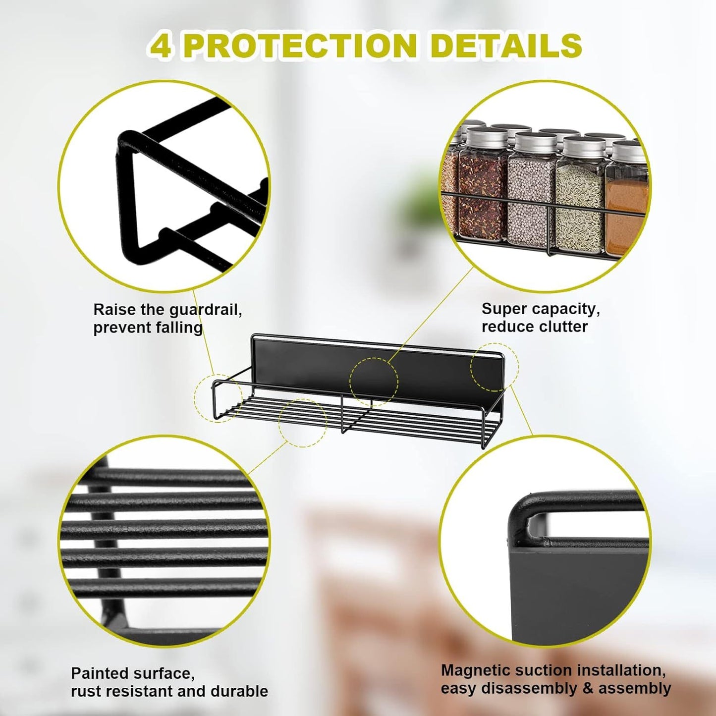 Magnetic Spice Rack for Refrigerator - 4 Pack, Durable & Rust-Resistant, Easy Installation