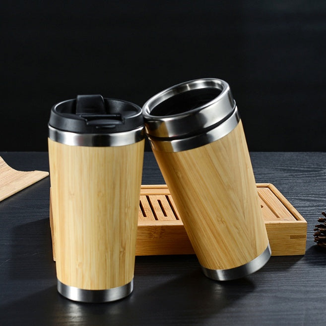 Bamboo Coffee Cup - 420ml/14oz Thermal Insulated Double Wall, Leak-Proof Lid, Bamboo & Stainless Steel