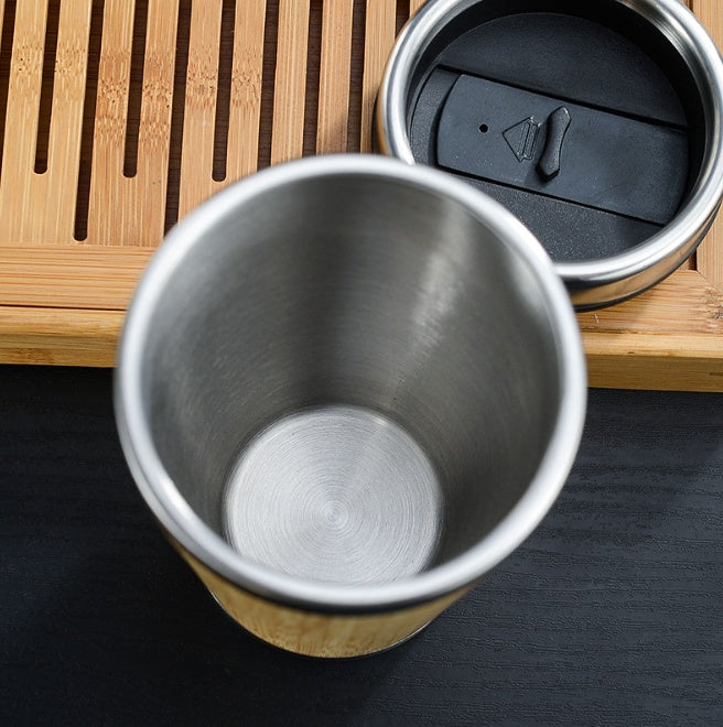 Bamboo Coffee Cup - 420ml/14oz Thermal Insulated Double Wall, Leak-Proof Lid, Bamboo & Stainless Steel