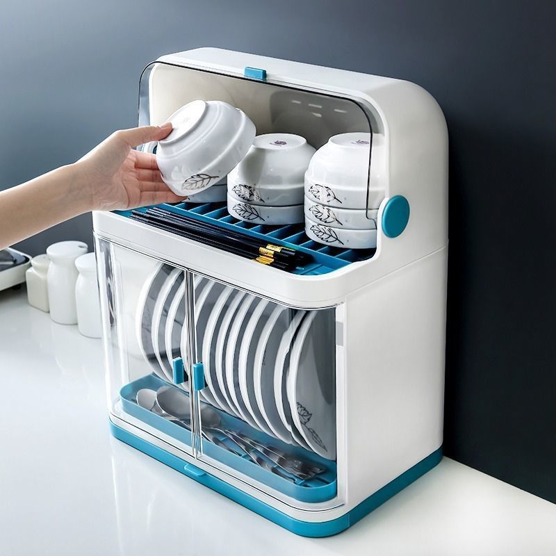 Simple Household Kitchen Dish Storage Box - Large Single-Layer, Blue, Plastic, Drain Function