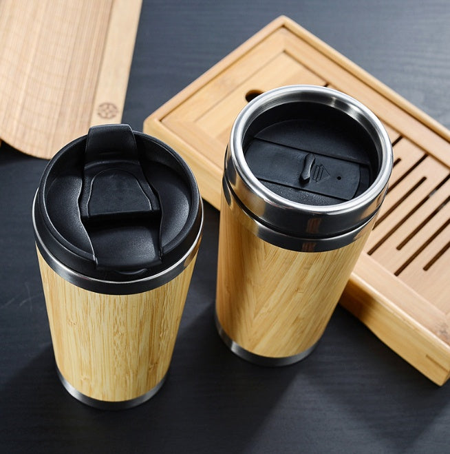 Bamboo Coffee Cup - 420ml/14oz Thermal Insulated Double Wall, Leak-Proof Lid, Bamboo & Stainless Steel